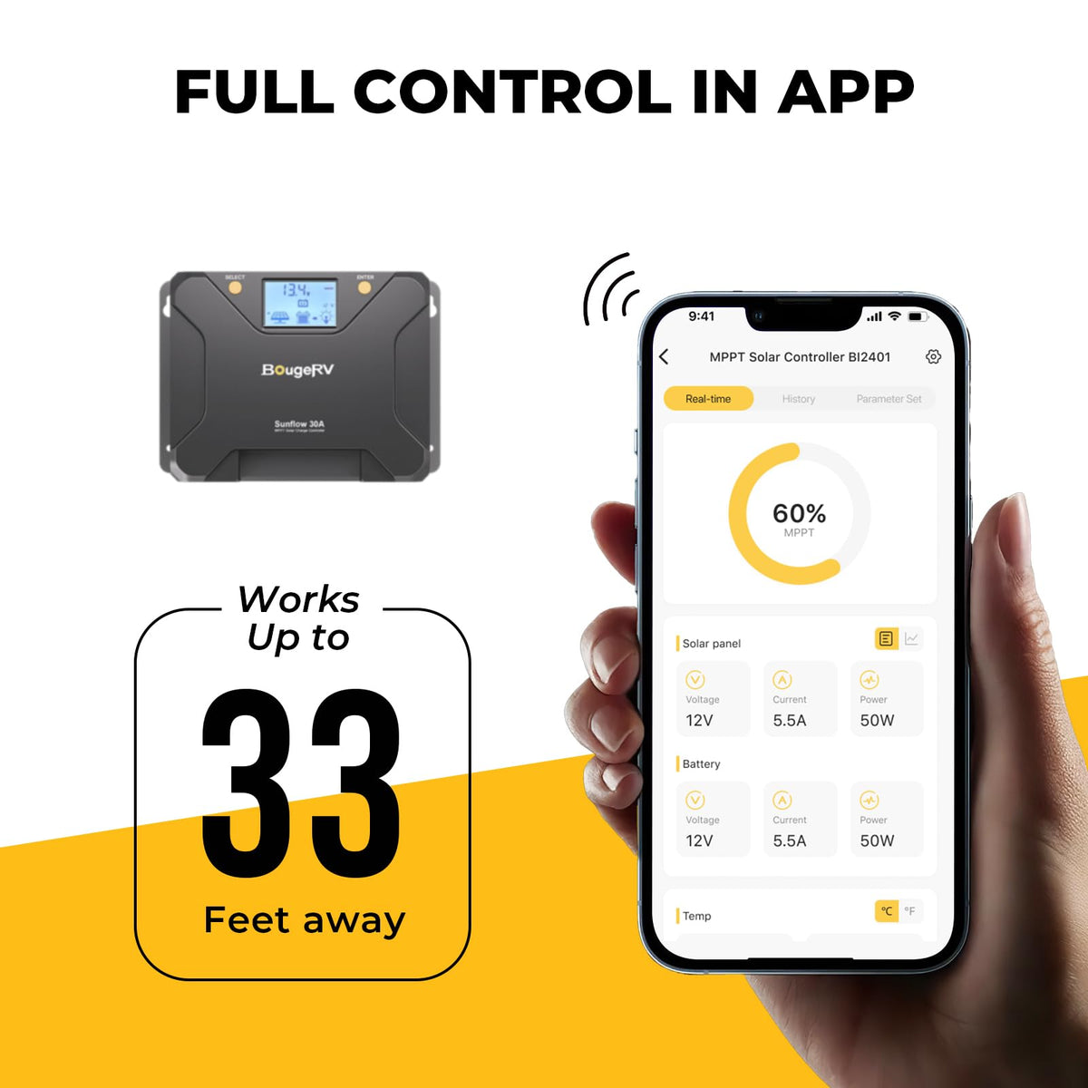 BougeRV Sunflow 30A MPPT controller app control screen for remote monitoring