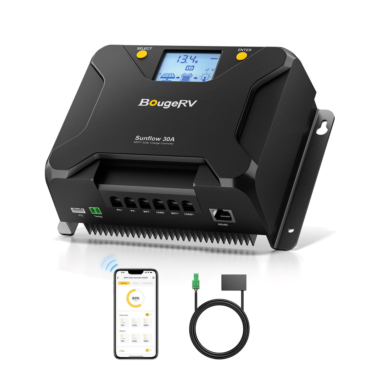 BougeRV Sunflow 30A MPPT controller with backlit LCD displaying status for easy monitoring