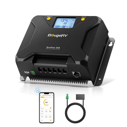 BougeRV Sunflow 30A MPPT controller with backlit LCD displaying status for easy monitoring