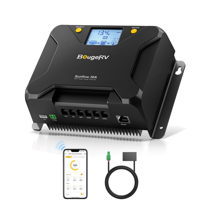 BougeRV Sunflow 30A MPPT controller with backlit LCD displaying status for easy monitoring