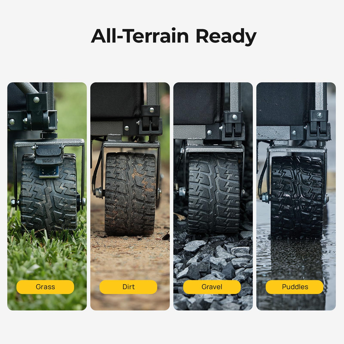 BougeRV wagon uses all-terrain tank wheels for grass, gravel, and dirt surfaces.