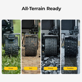 BougeRV wagon uses all-terrain tank wheels for grass, gravel, and dirt surfaces.
