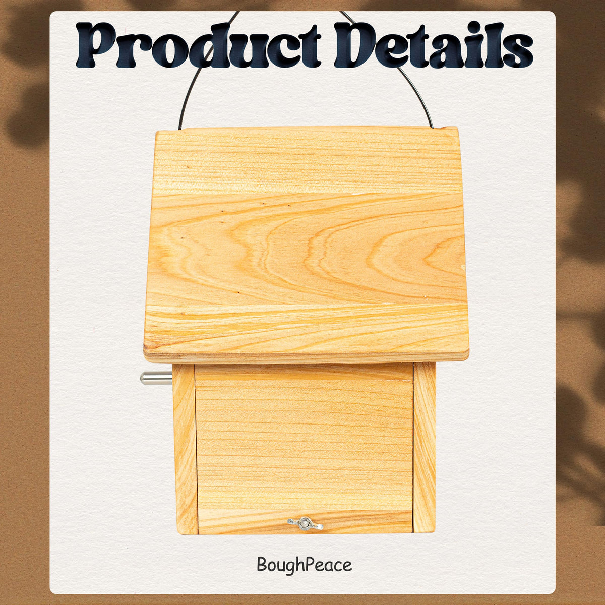 BoughPeace wooden bird house entrance detail and perch, supports feeding and chick guarding.