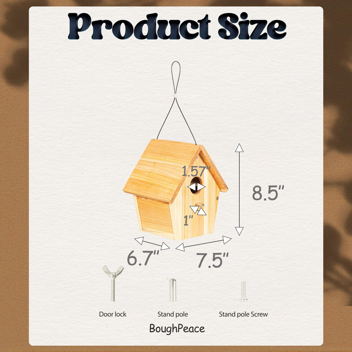 BoughPeace wooden bird house dimensions and design for secure outdoor mounting.