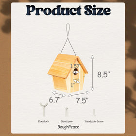 BoughPeace wooden bird house dimensions and design for secure outdoor mounting.