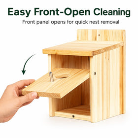 Entrance and perch detail on BoughPeace bird house for feeding birds