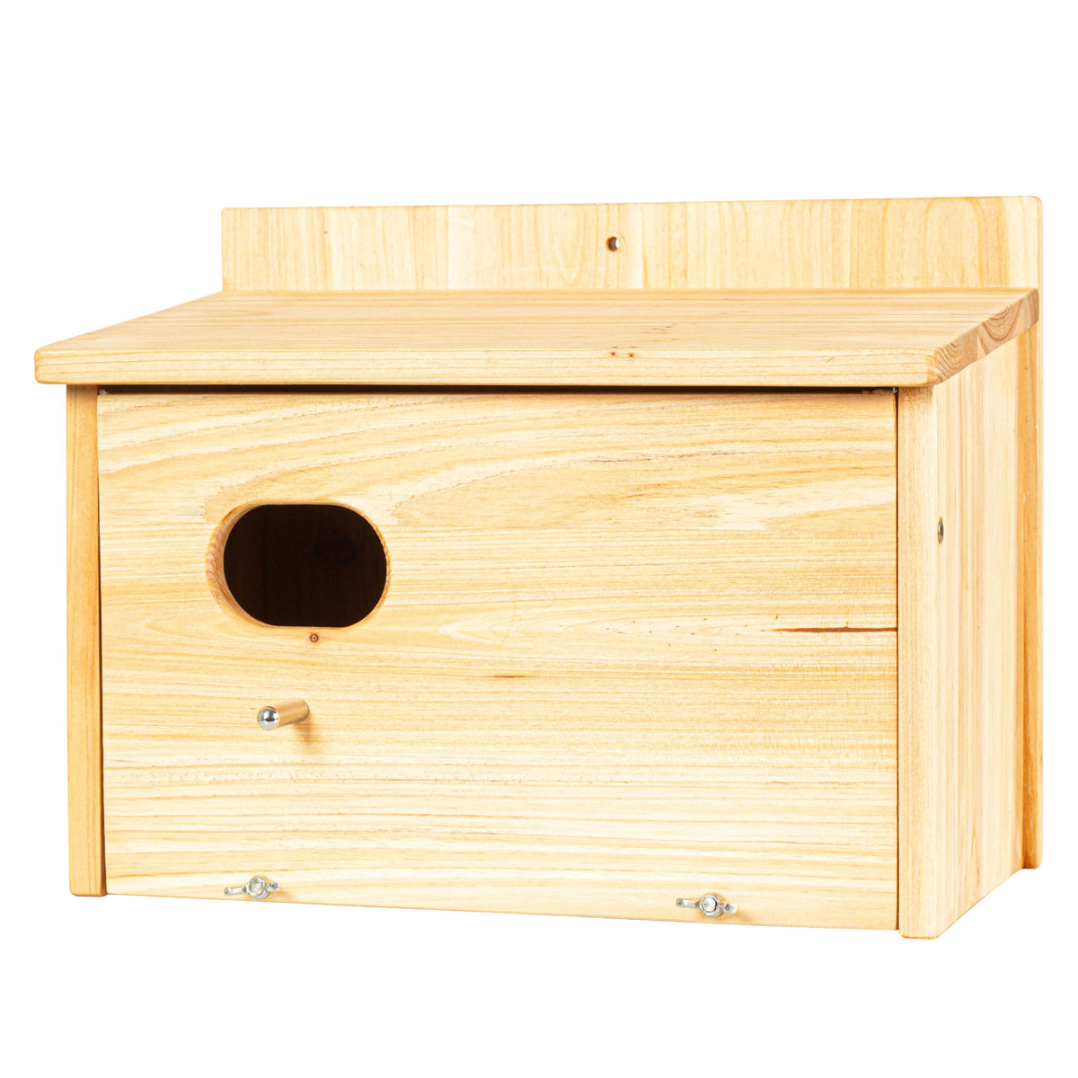 BoughPeace wooden bird house exterior showcases natural craftsmanship for garden birds viewing.
