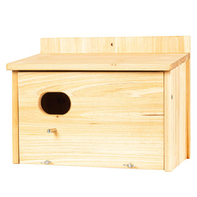 BoughPeace wooden bird house exterior showcases natural craftsmanship for garden birds viewing.