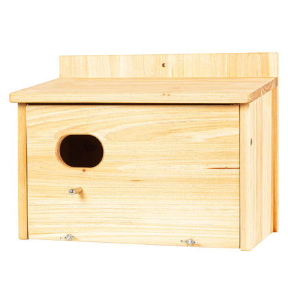 BoughPeace wooden bird house exterior showcases natural craftsmanship for garden birds viewing.