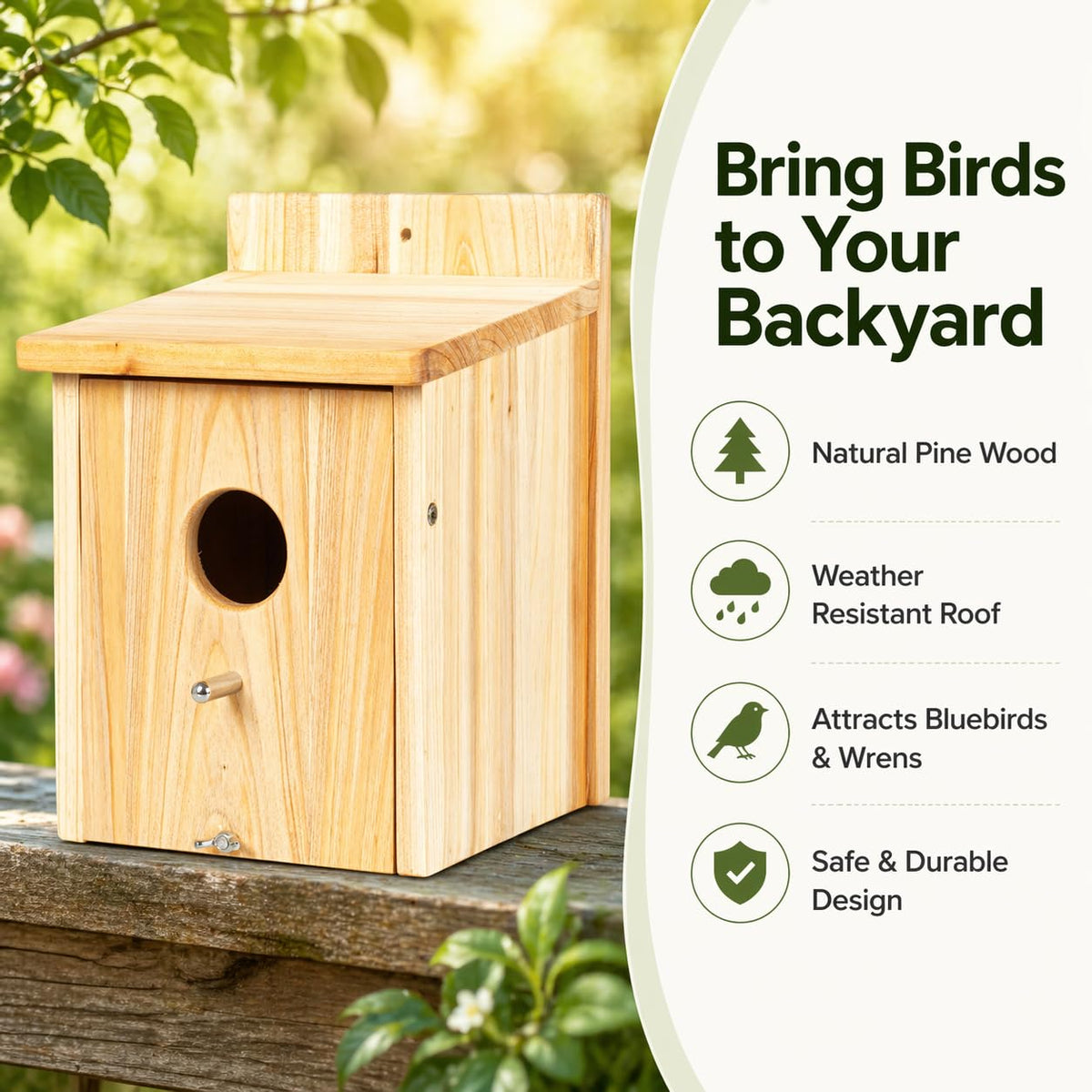 Front view of BoughPeace wooden bird house showing compact design