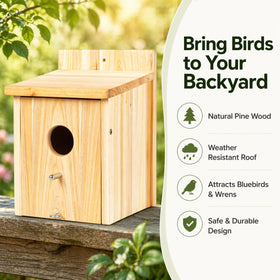 Front view of BoughPeace wooden bird house showing compact design