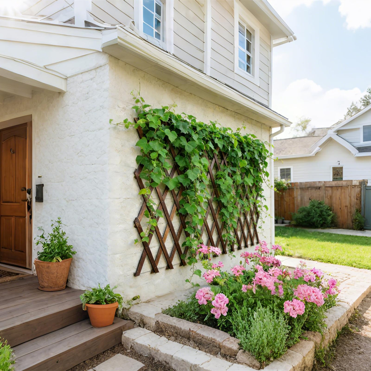 Bounmer lattice trellis with climbing roses and ivy shows decorative greenery
