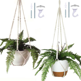 Bouqlife 43-inch macrame plant hanger in beige supports a 14-inch pot.