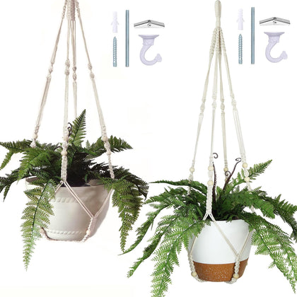 Bouqlife 43-inch macrame plant hanger in beige supports a 14-inch pot.