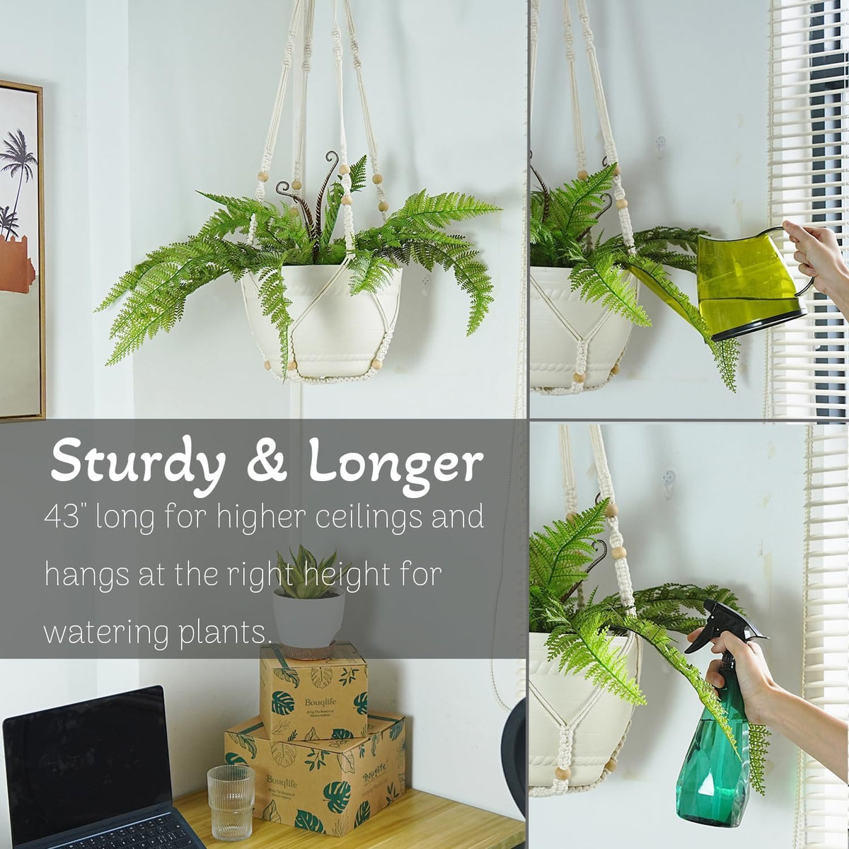 Bouqlife durable cotton rope macrame hanger adds soft texture to any room.