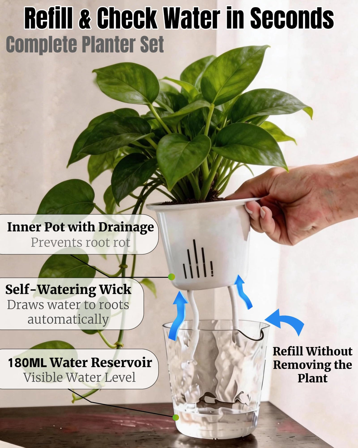 BovcTrraann self-watering pot watering port lets you refill without disturbing plants