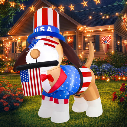 Boveco 4th of July inflatable dog with flag and LEDs for festive outdoor decor