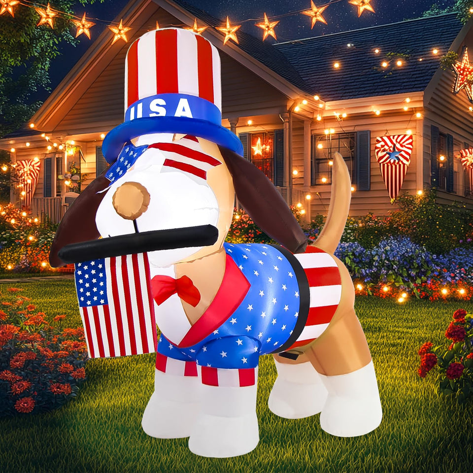 Boveco 4th of July inflatable dog with flag and LEDs for festive outdoor decor