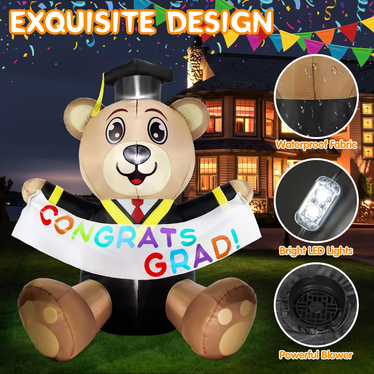 Boveco 6ft graduation bear inflates quickly for instant yard setup.