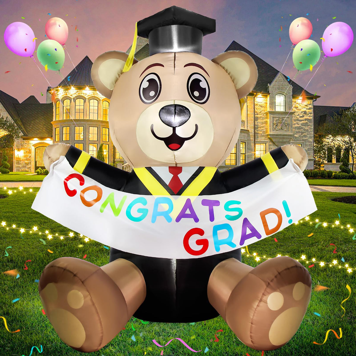 Boveco 6ft graduation bear inflatable with LED lights brightens outdoor celebrations.
