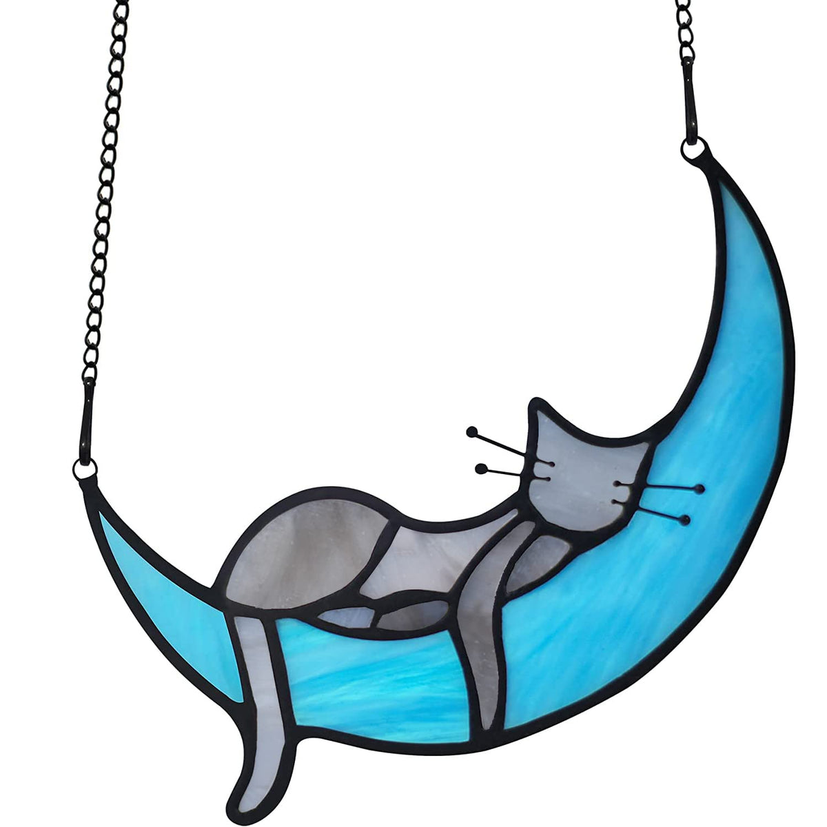 BOXCASA grey cat on moon suncatcher brightens windows with cozy catscape charm.