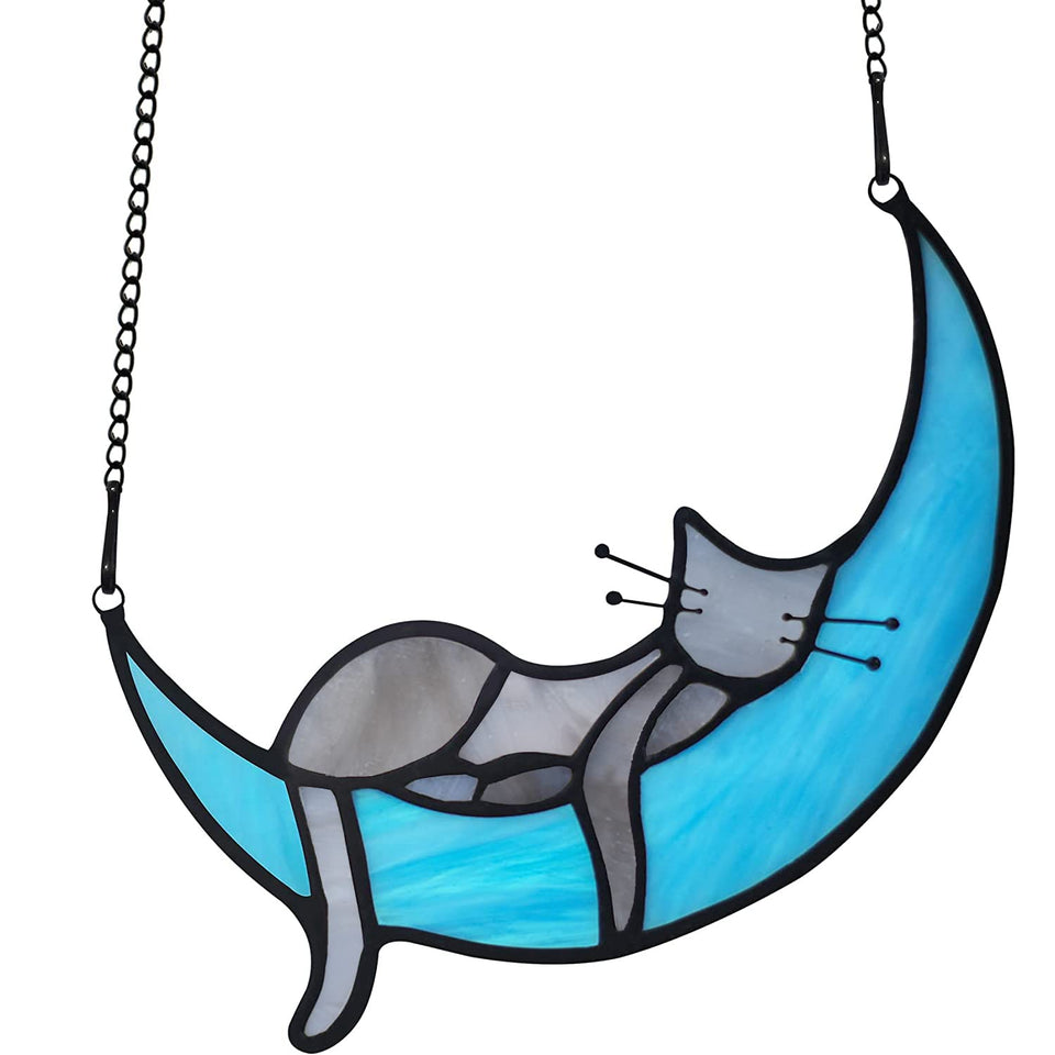 BOXCASA grey cat on moon suncatcher brightens windows with cozy catscape charm.