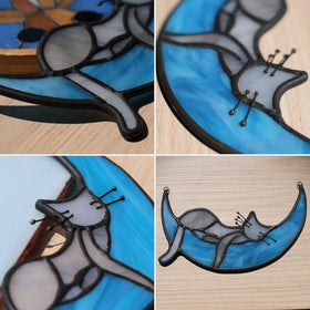 BOXCASA handcrafted stained glass panel features a moonlit cat for decorative flair.