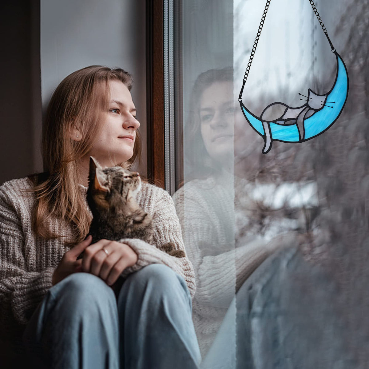 BOXCASA moon cat memorial suncatcher brings soft light to living spaces.