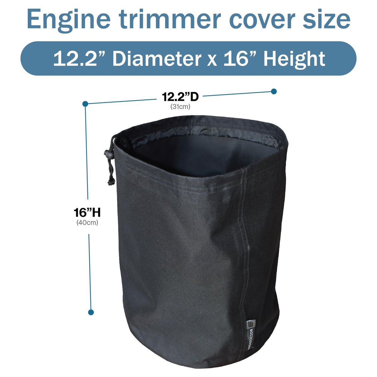 Bozzcovers trimmer engine cover with adjustable cord secures a tight fit.