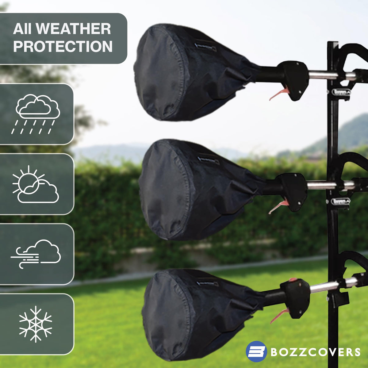 Bozzcovers trimmer engine cover closeup stitching shows durability and sealed seams.