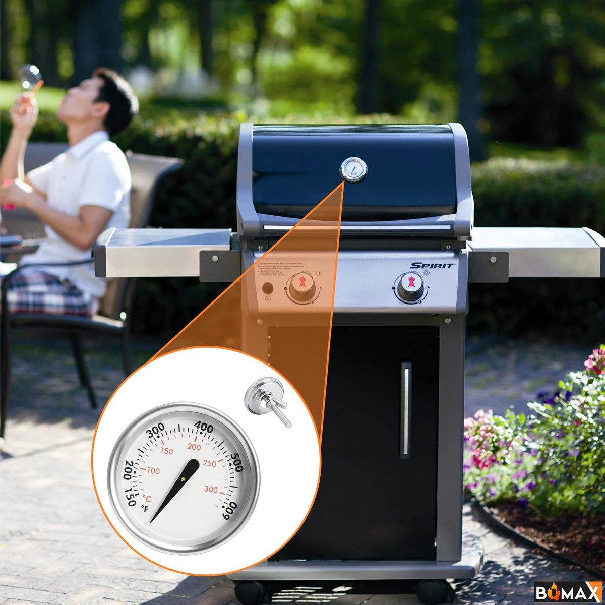 BQMAX thermometer in action during grilling session improves temp control.