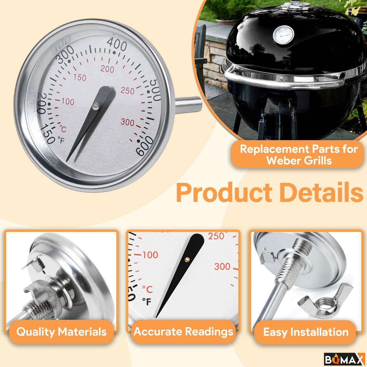 BQMAX Weber charcoal grill thermometer shows 150–600°F range.