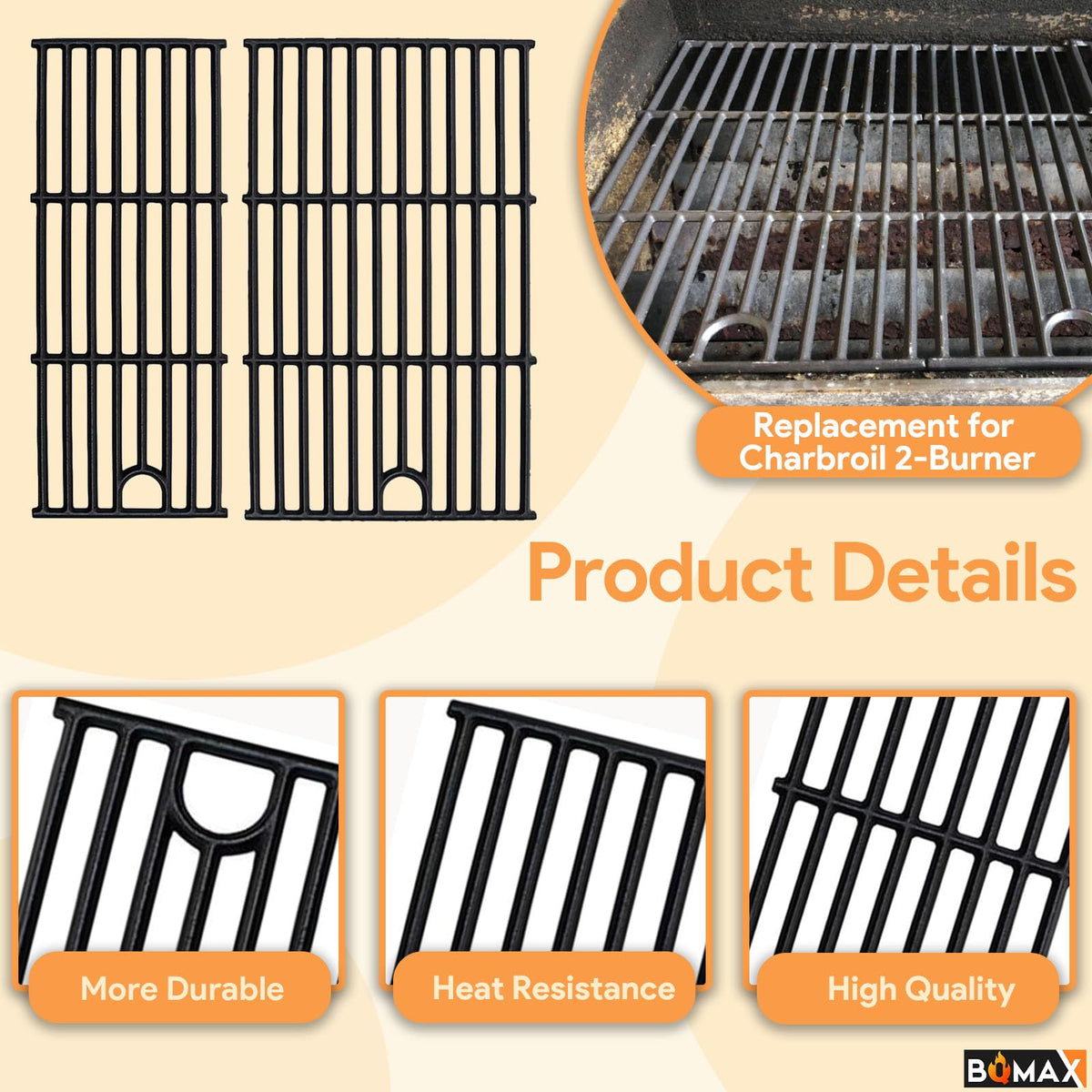 BQMAX cast iron grate with heat retention benefits.