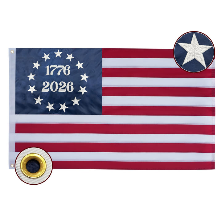 Bradford 1776 Bennington flag embroidery close-up shows durable stitching for outdoor use