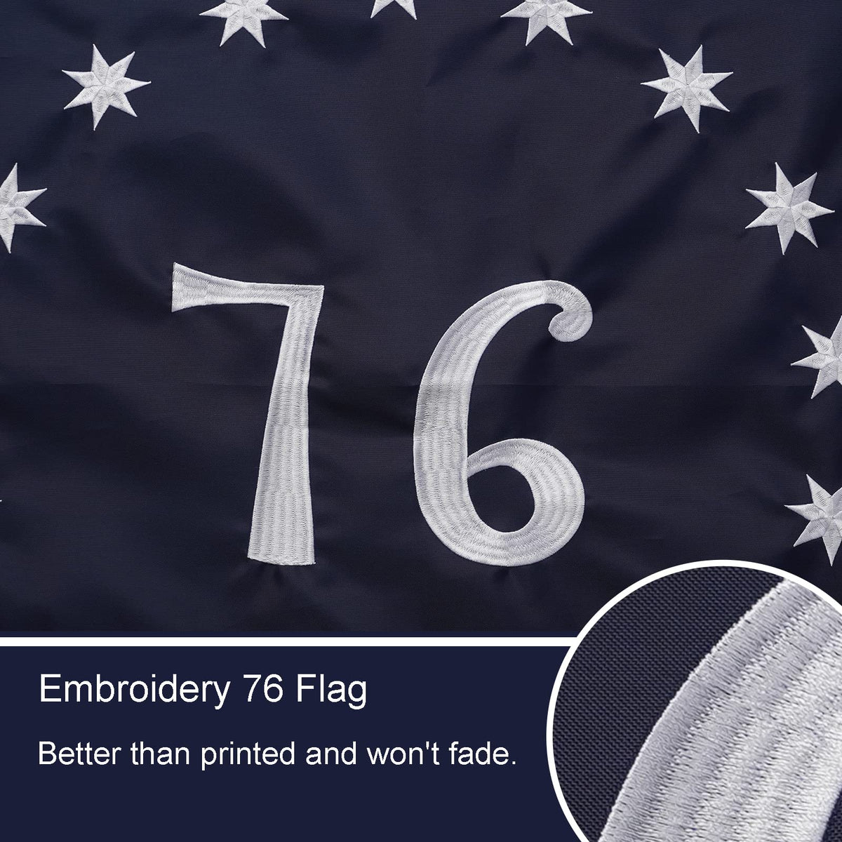 Close-up of Bradford Bennington 1776 flag embroidery showing precision stitching