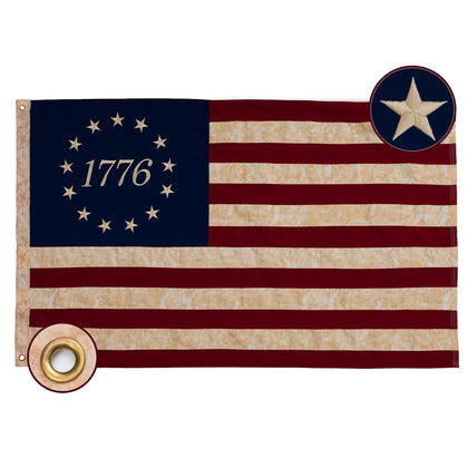 Bradford tea-stained 1776 flag showcases vintage charm for porch display.