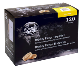 Bradley Smoker Alder Special Blend Bisquettes pack shot shows long burn time for consistent smoking