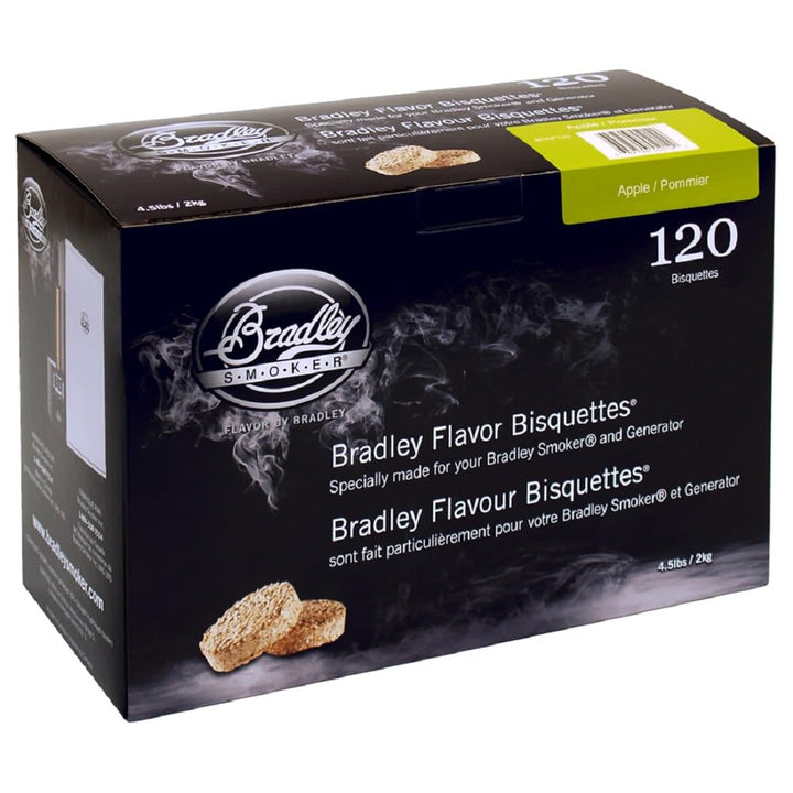 Bradley Smoker Apple Bisquettes 120-pack ready for clean, steady smoke.
