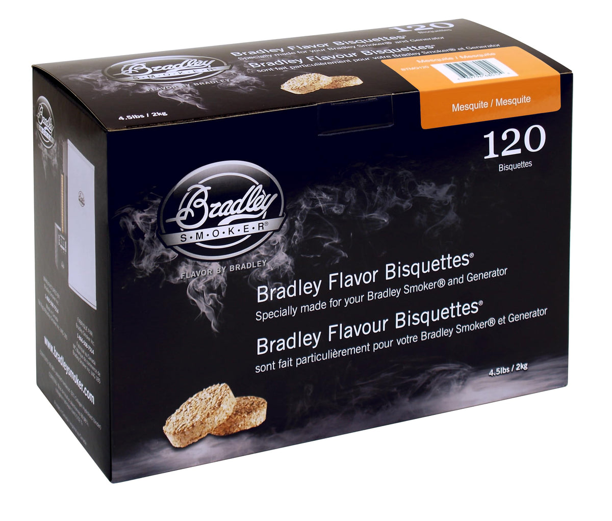 Bradley Smoker Mesquite Special Blend bisquettes in 120-pack for steady smoke flavor.