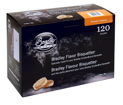 Bradley Smoker Mesquite Special Blend bisquettes in 120-pack for steady smoke flavor.