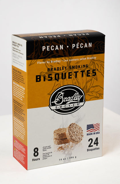 Bradley Smoker Pecan Bisquettes close-up showing clean smoke and rich pecan aroma.