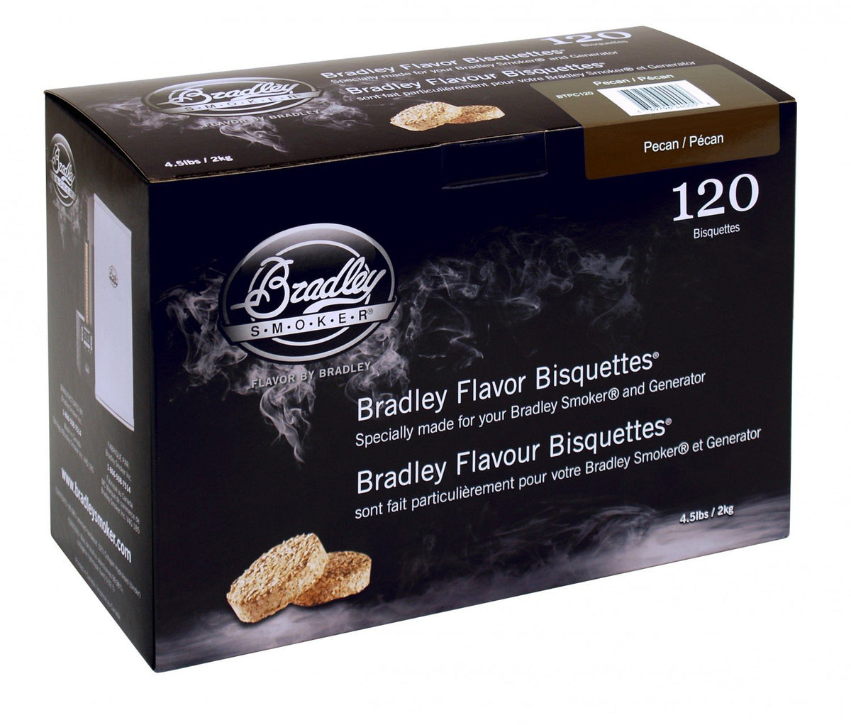 Bradley Smoker pecan special blend bisquettes provide clean, steady smoke for poultry and pork.