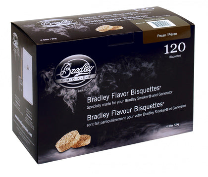 Bradley Smoker pecan special blend bisquettes provide clean, steady smoke for poultry and pork.