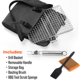 Braize grill basket with locking lid helps flip safely for even browning.