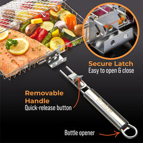 Braize grill basket with removable handle offers safe high-heat control.