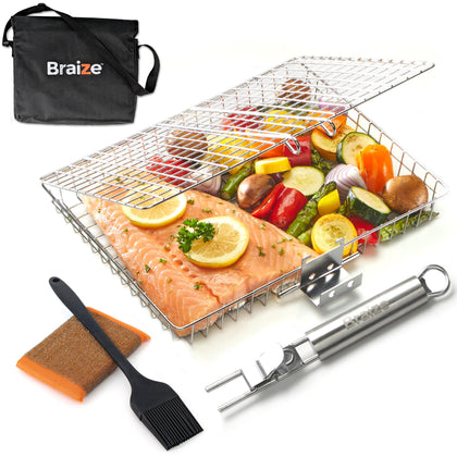 Braize stainless-steel large grill basket ready for even veggie and meat grilling.