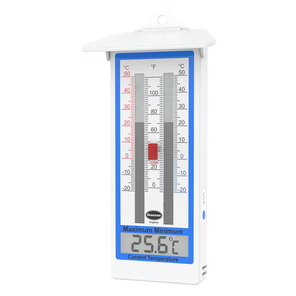 Brannan digital greenhouse thermometer wall-mounted for accurate indoor and outdoor monitoring.