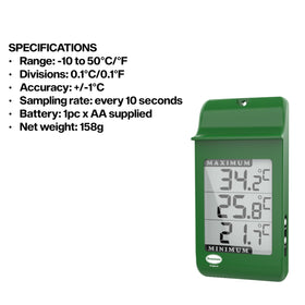 Brannan Digital Max Min thermometer green ABS case designed for durable garden use