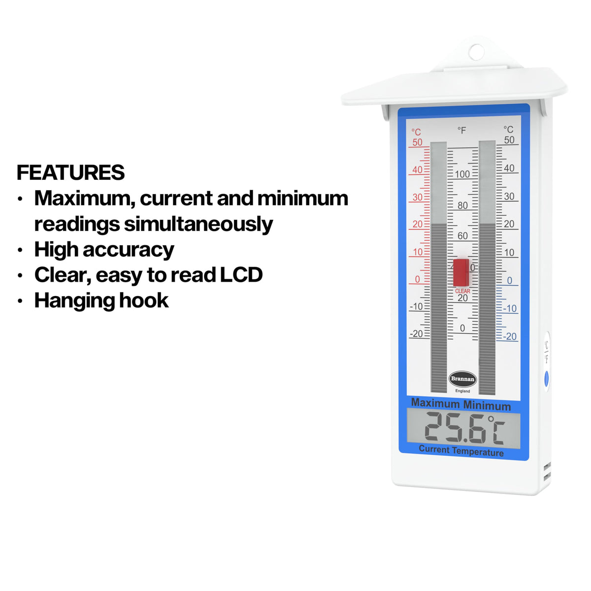 Brannan greenhouse thermometer with flip-out roof protects readings from rain.