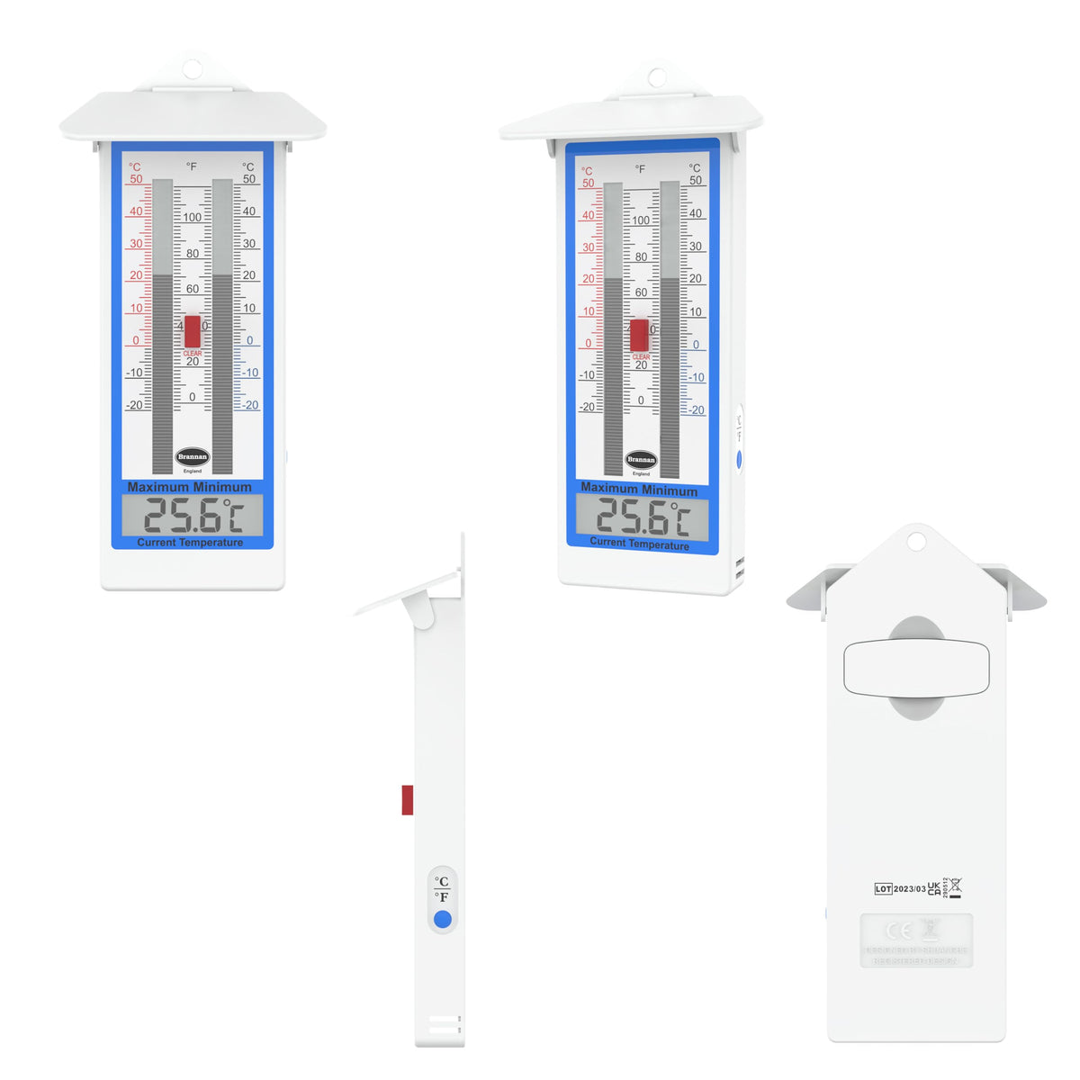 Brannan max min thermometer display shows current, max, and min temperatures at a glance.